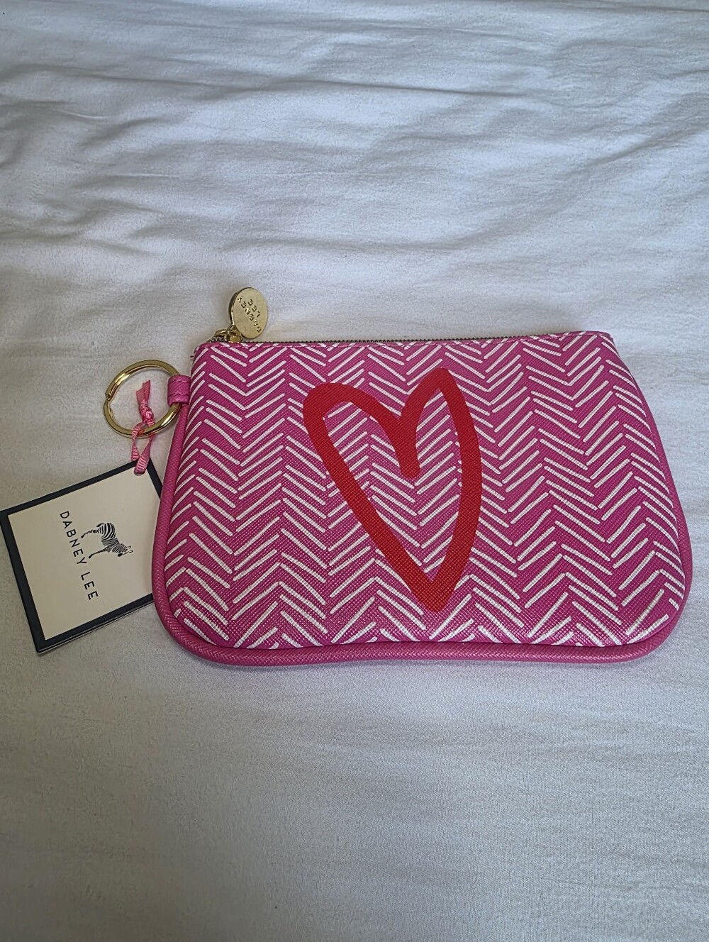 Dabney Lee Heart Keychain Zippered Pouch Pink with Red Heart NWT